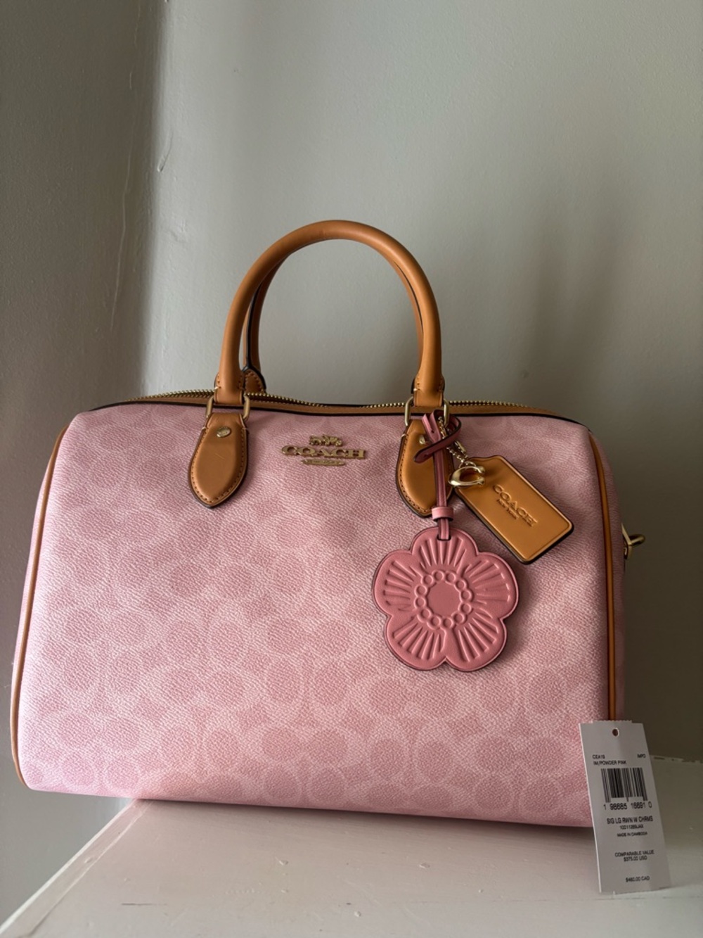 Coach Rowan Large Satchel Bag In Signature Canvas With Charms Powder Pink NWT
